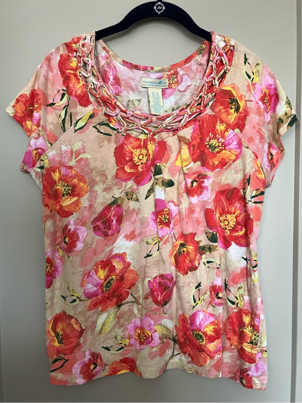 Caribbean Joe Floral Short Sleeve Top with Braided Embellished Neckline